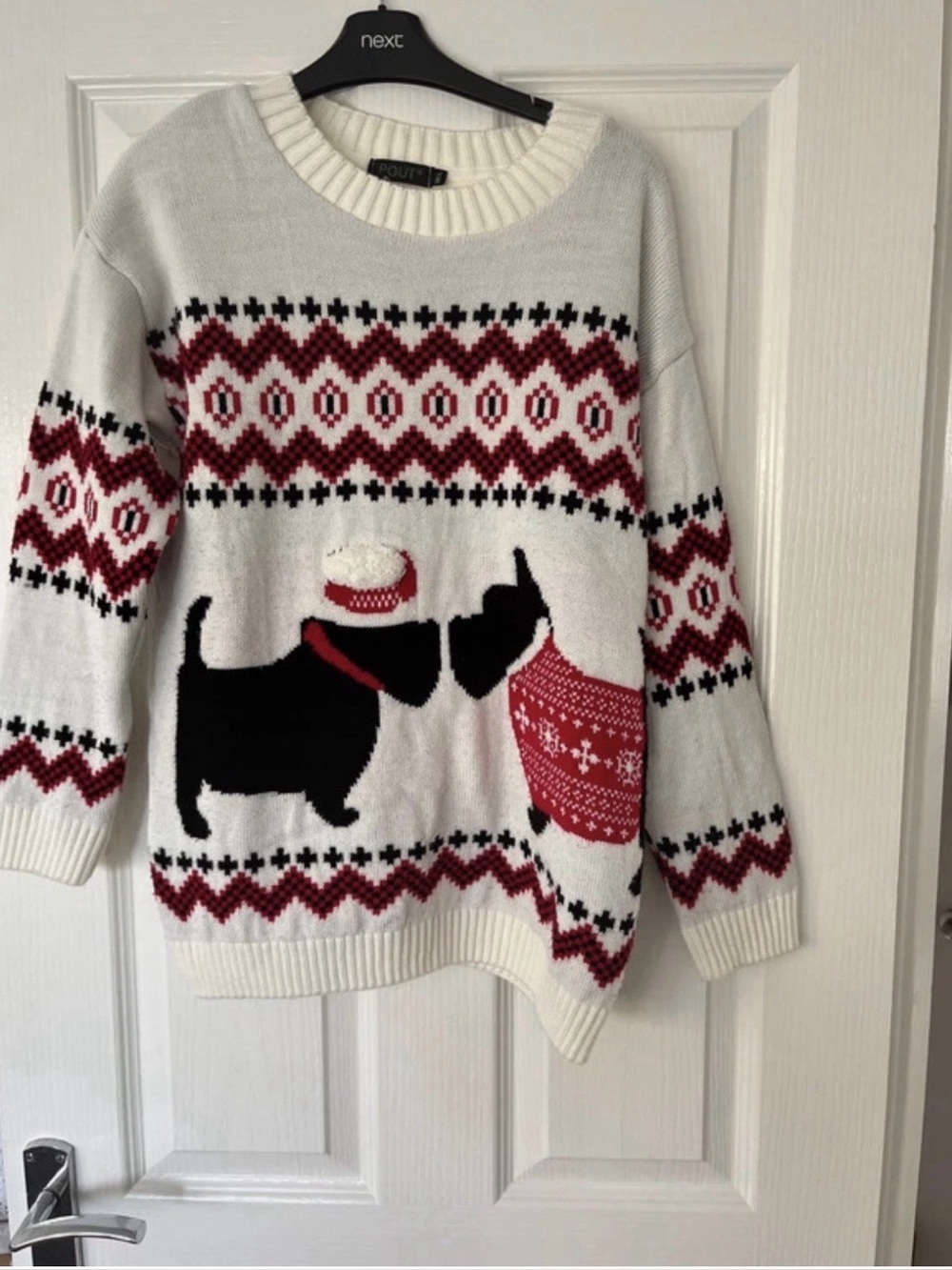 Christmas Holiday Sweater Terrier Dogs Womens Sz M/L Fair Isle Cream Red Classic